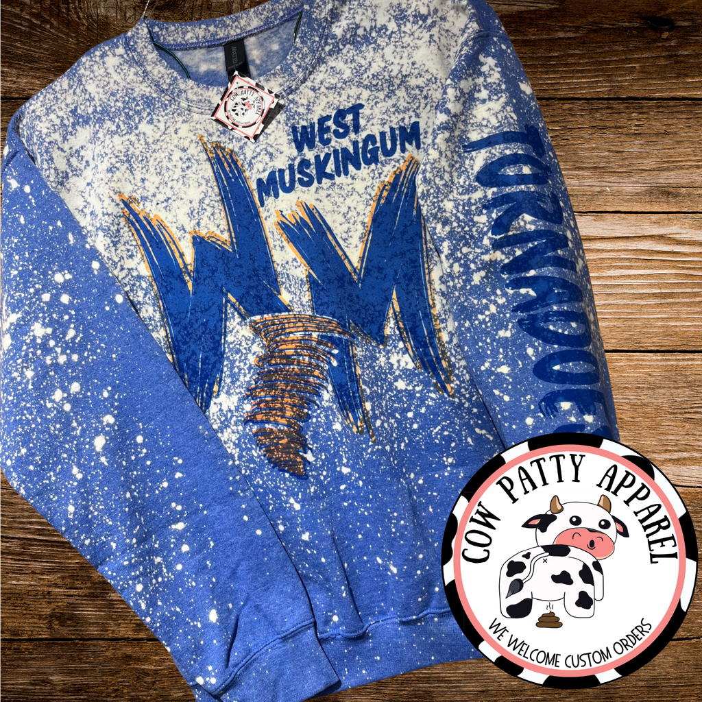 West Muskingum Tornadoes-Bleached Crewneck Sweatshirt Brush Script Font